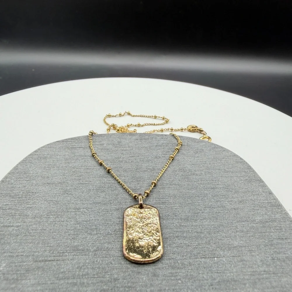 Gold Tone Textured Dog Tag Pendant Station Chain Necklace Minimalist Fashion